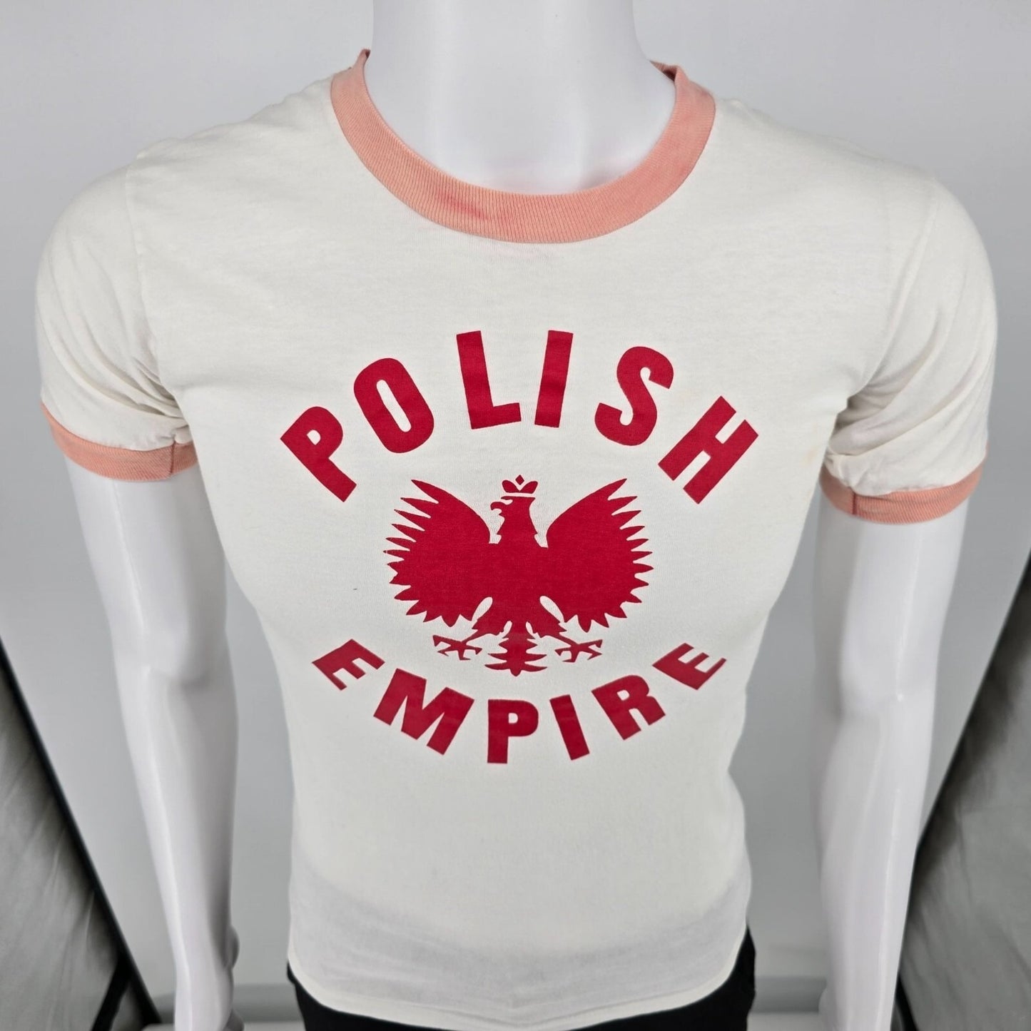 Vintage 1970s H.L. Miller Polish Empire "Legs" Ringer Tee White T-Shirt (XXS)