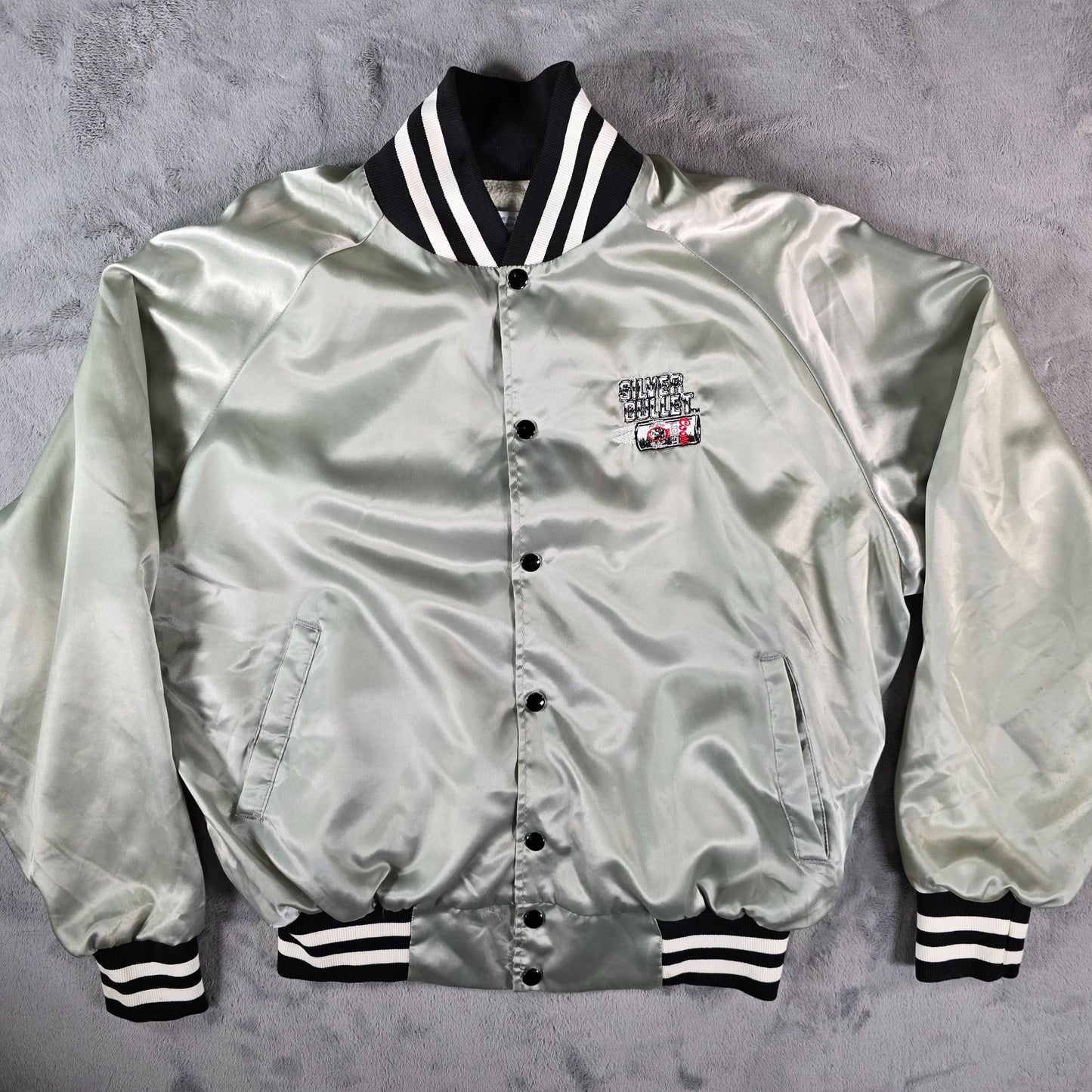 Vintage 1980s Artex Coors Light Silver Bullet Nylon Satin Bomber Jacket (XL)