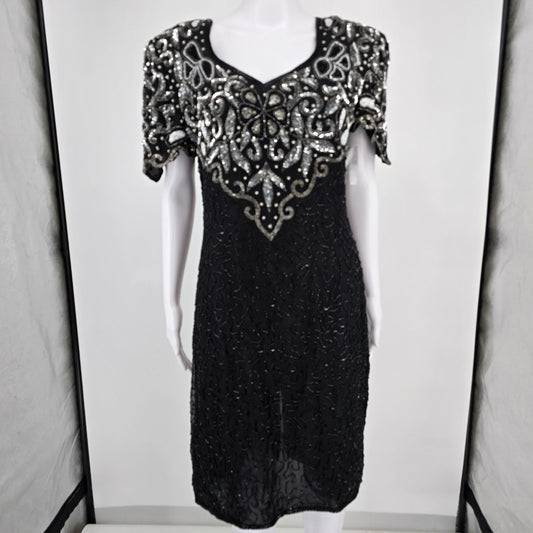 Vintage 1990s Laurence Kazar New York Silk Beaded Sequin Cocktail Dress (M)