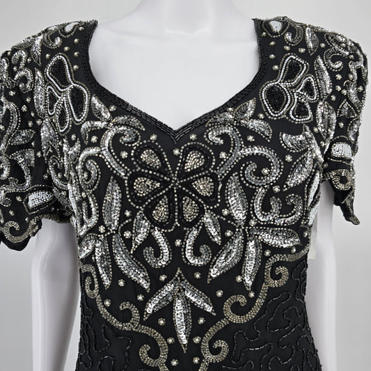 Vintage 1990s Laurence Kazar New York Silk Beaded Sequin Cocktail Dress (M)
