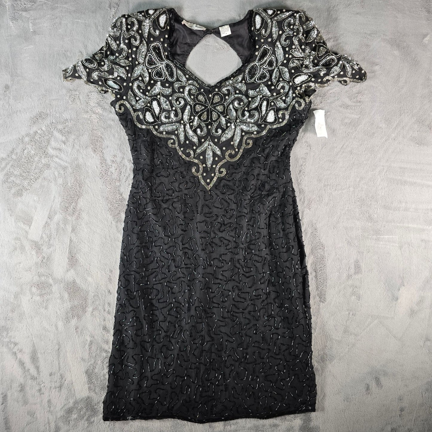 Vintage 1990s Laurence Kazar New York Silk Beaded Sequin Cocktail Dress (M)