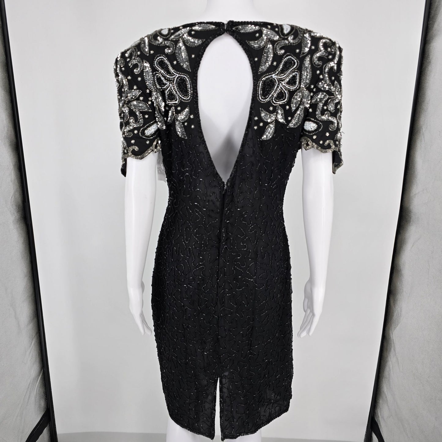 Vintage 1990s Laurence Kazar New York Silk Beaded Sequin Cocktail Dress (M)