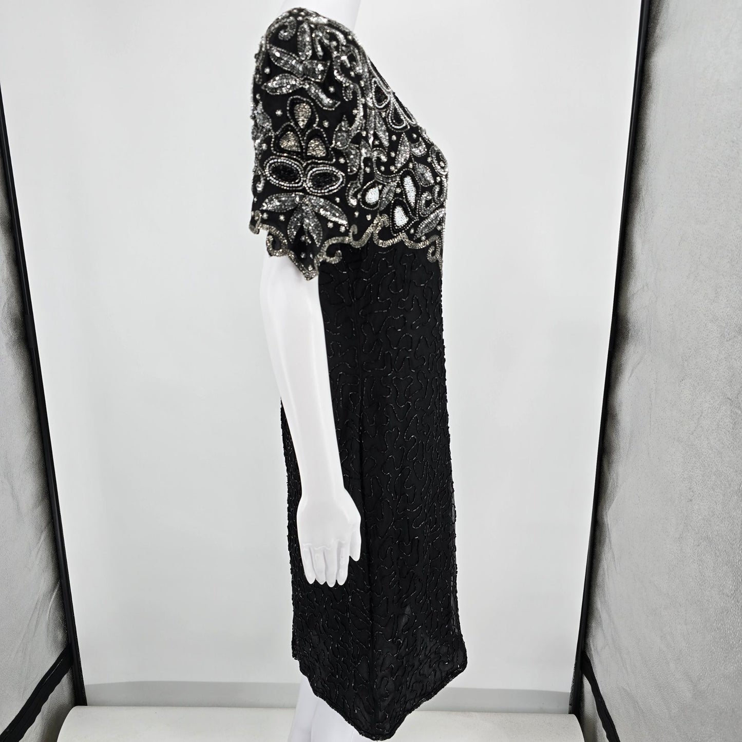 Vintage 1990s Laurence Kazar New York Silk Beaded Sequin Cocktail Dress (M)