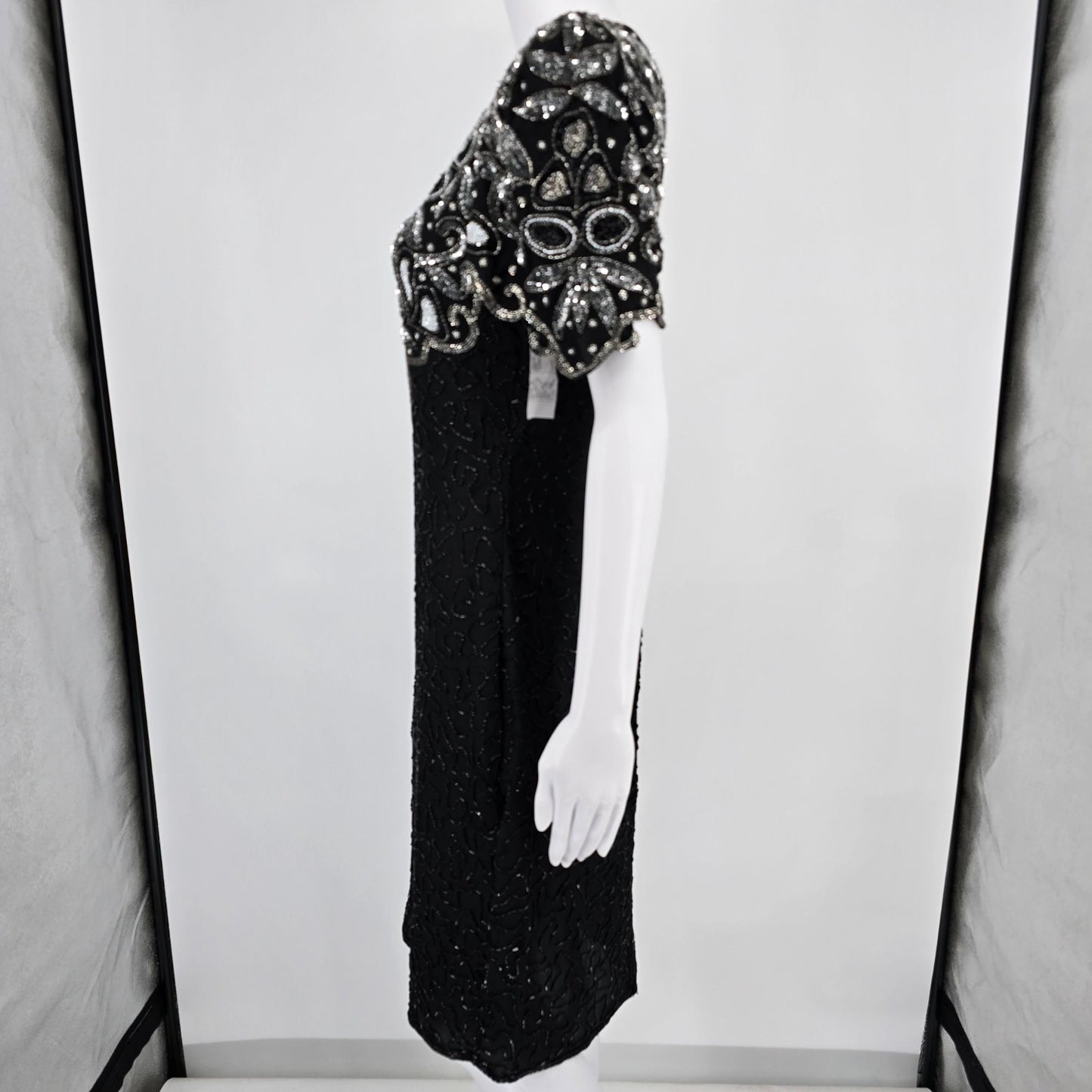 Vintage 1990s Laurence Kazar New York Silk Beaded Sequin Cocktail Dress (M)