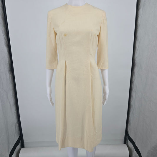 Vintage 1960s Cream Wool Jackie-Style 3/4 Sleeve Sheath Dress (S) *Fair