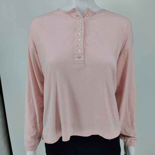 Womens Pink Long-Sleeve Button-Up Half Placard Blouse Top (L) *Fair Condition*