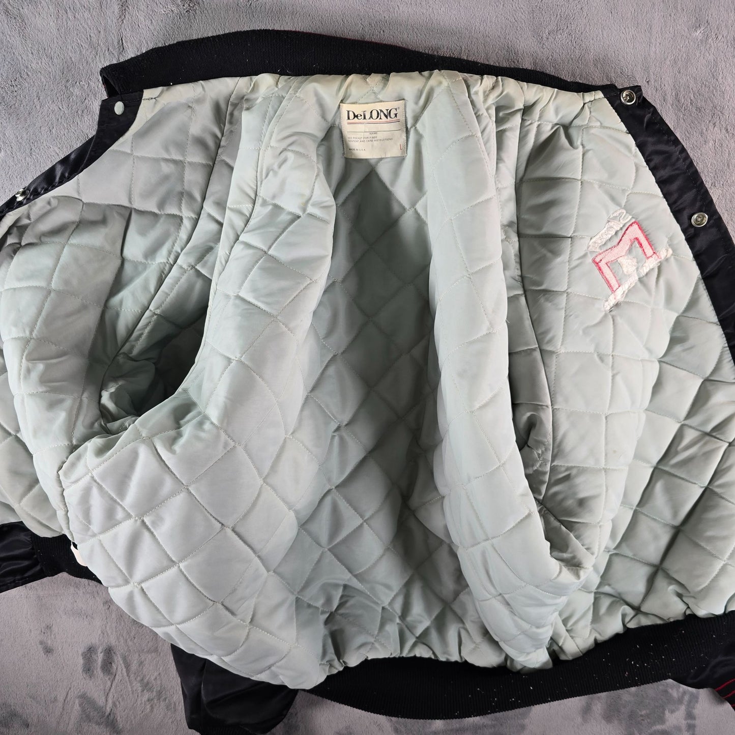 Vintage 1990s DeLong Murphy Brothers Inc. "Sherry" Satin Bomber Jacket (L)