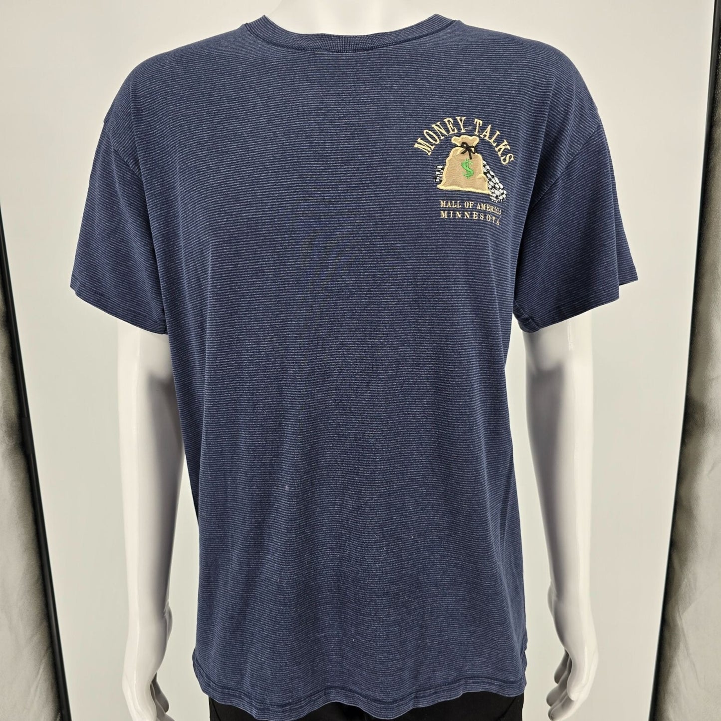 Vintage 1990s Mall of America "Money Talks" Embroidered Micro-Stripe T-Shirt -L