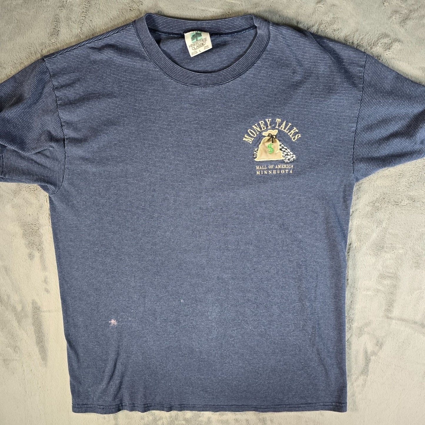 Vintage 1990s Mall of America "Money Talks" Embroidered Micro-Stripe T-Shirt -L
