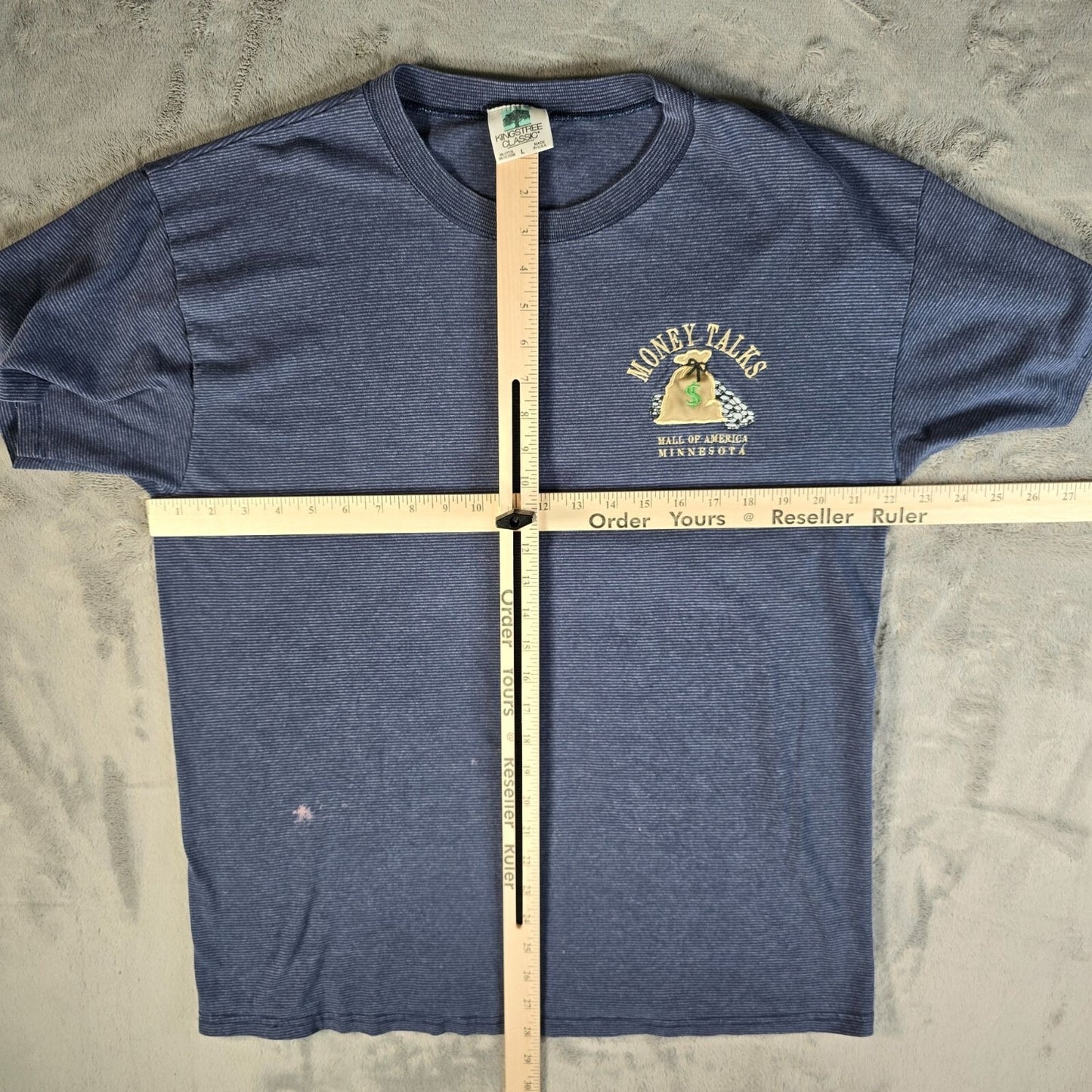 Vintage 1990s Mall of America "Money Talks" Embroidered Micro-Stripe T-Shirt -L