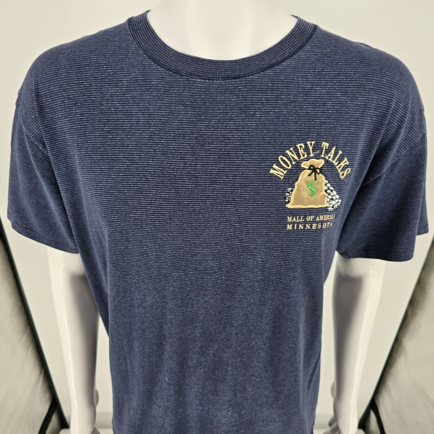 Vintage 1990s Mall of America "Money Talks" Embroidered Micro-Stripe T-Shirt -L