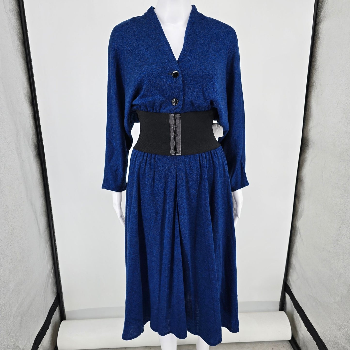 Vintage 1980s Dawn Joy Fashions Cobalt Blue Knit Midi Dress (Juniors S/M)