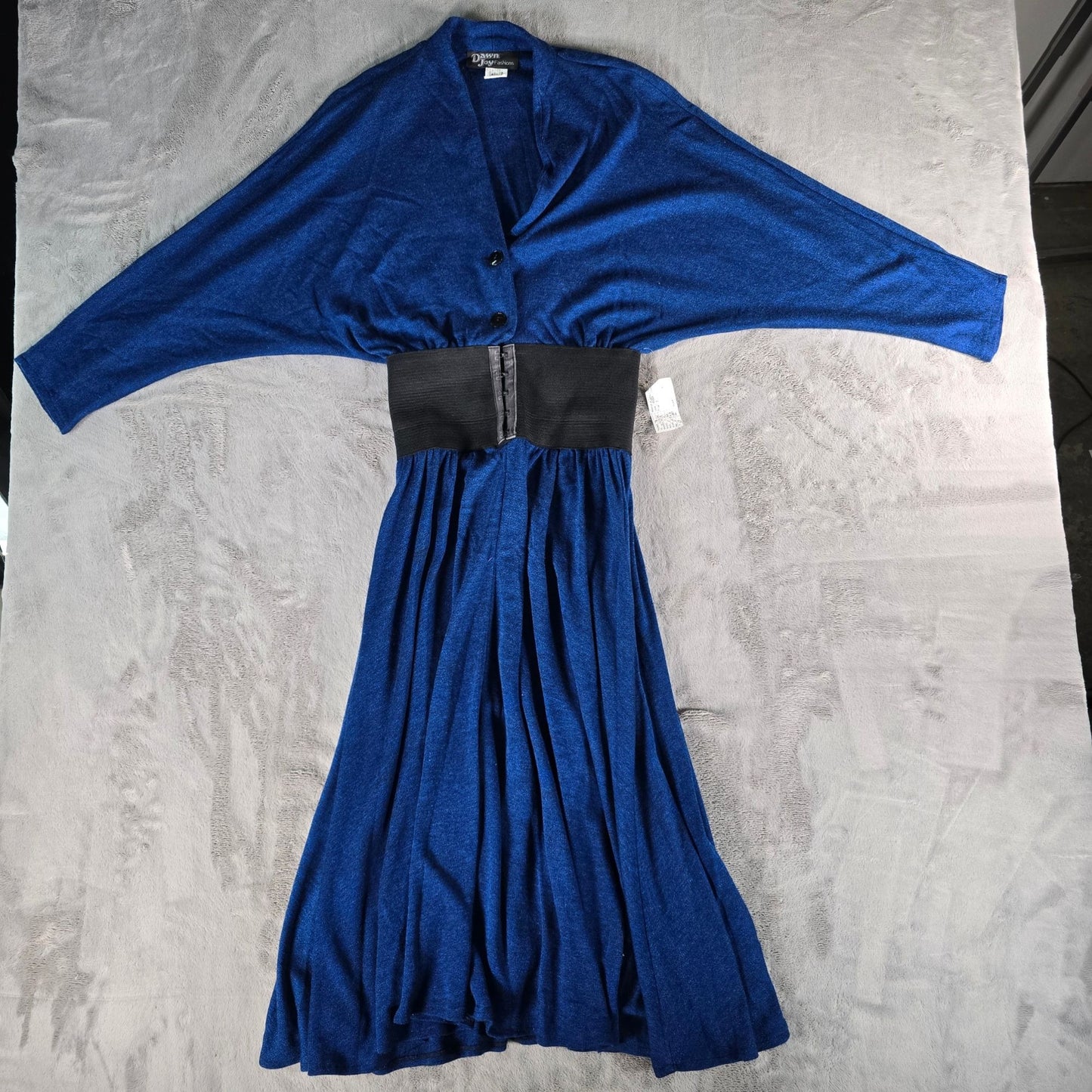 Vintage 1980s Dawn Joy Fashions Cobalt Blue Knit Midi Dress (Juniors S/M)