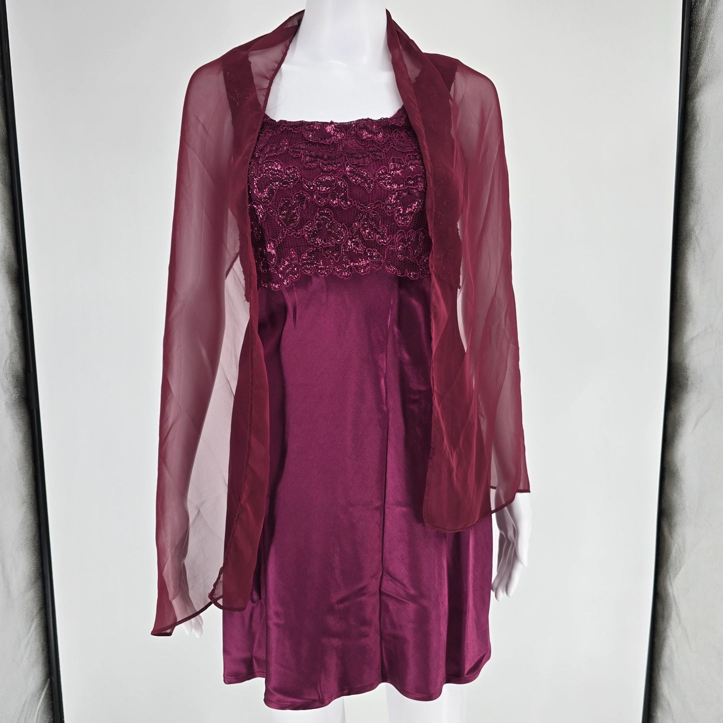Vintage 1990s/Y2K 5-7-9 Burgundy Satin Party Dress w/ Chiffon Wrap (Junior's XS)
