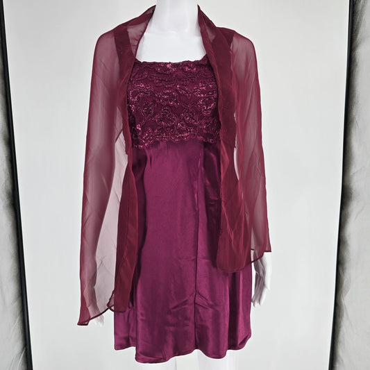 Vintage 1990s/Y2K 5-7-9 Burgundy Satin Party Dress w/ Chiffon Wrap (Junior's XS)