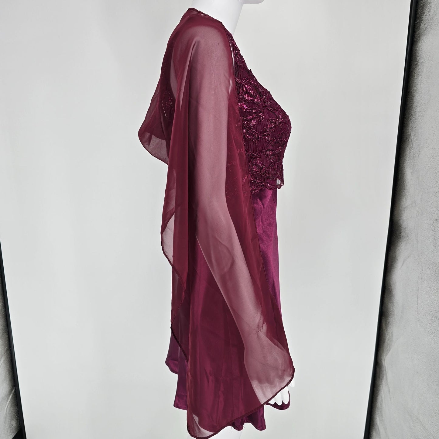 Vintage 1990s/Y2K 5-7-9 Burgundy Satin Party Dress w/ Chiffon Wrap (Junior's XS)