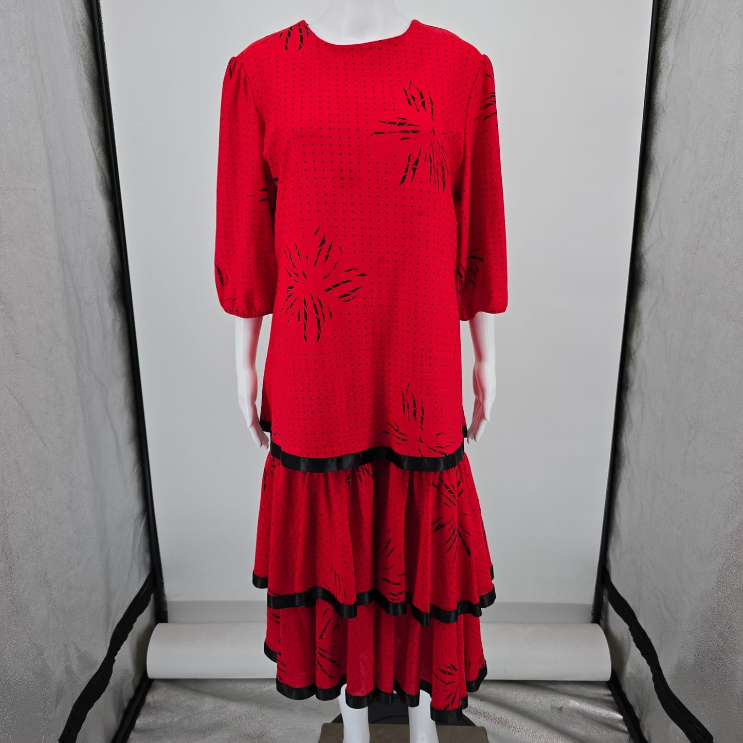 Vintage 1980s Orweco Red/Black Two-Piece Tiered Ruffle Tunic Dress Set (XL)