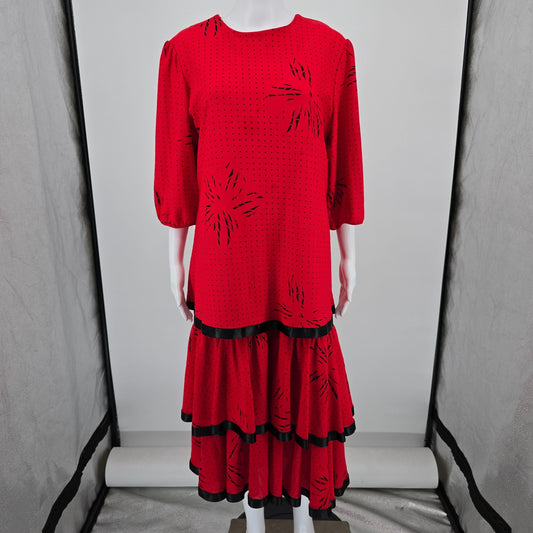 Vintage 1980s Orweco Red/Black Two-Piece Tiered Ruffle Tunic Dress Set (XL)