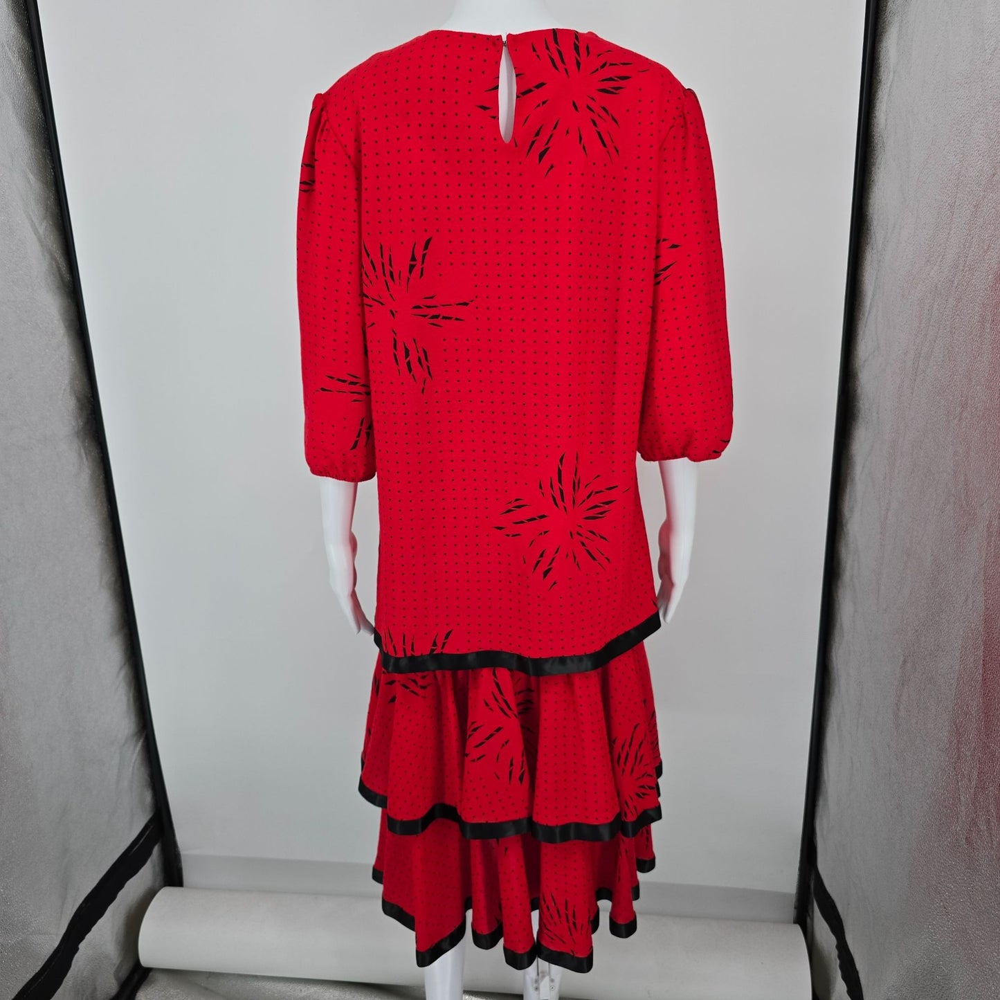 Vintage 1980s Orweco Red/Black Two-Piece Tiered Ruffle Tunic Dress Set (XL)