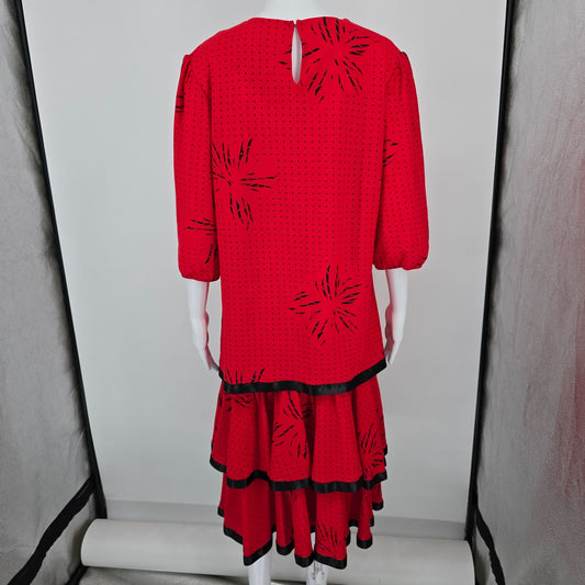 Vintage 1980s Orweco Red/Black Two-Piece Tiered Ruffle Tunic Dress Set (XL)