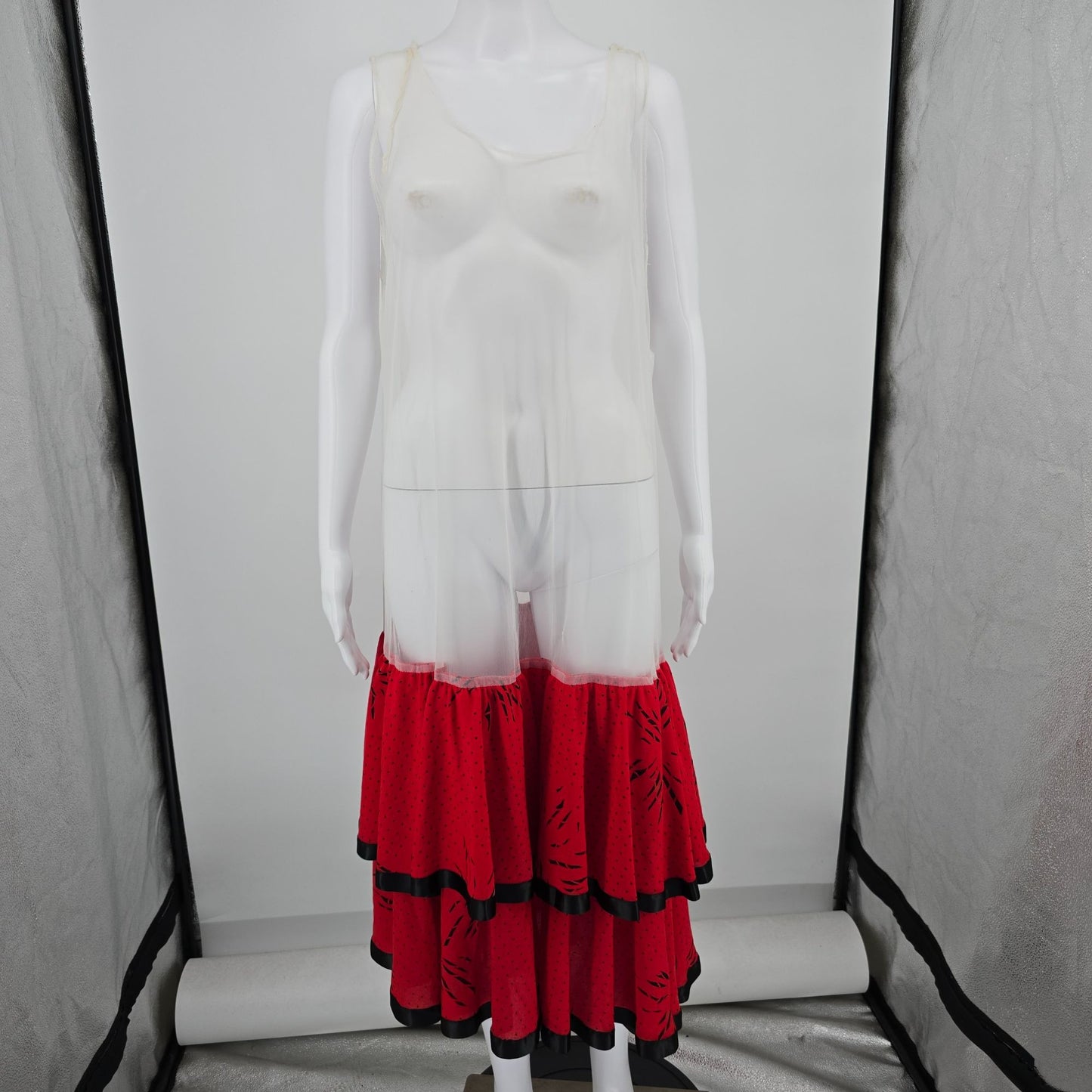 Vintage 1980s Orweco Red/Black Two-Piece Tiered Ruffle Tunic Dress Set (XL)