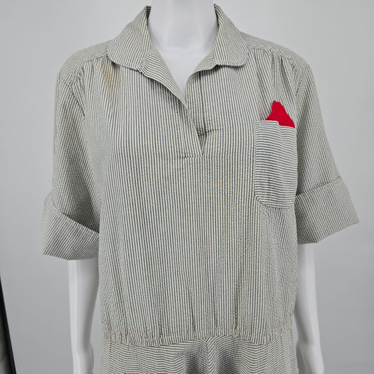 Vintage 1980s Loralyn Cottons Gray/White Seersucker Popover Shirt Dress (14/L)