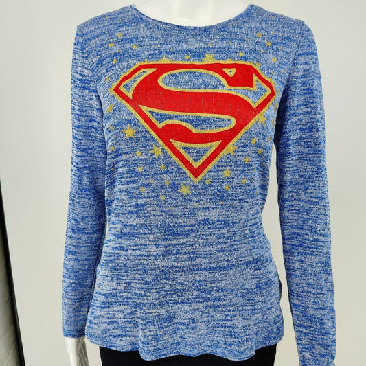 DC Comics Superman Blue Heather and Glitter Gold Long Sleeve Top -Juniors M 7/9