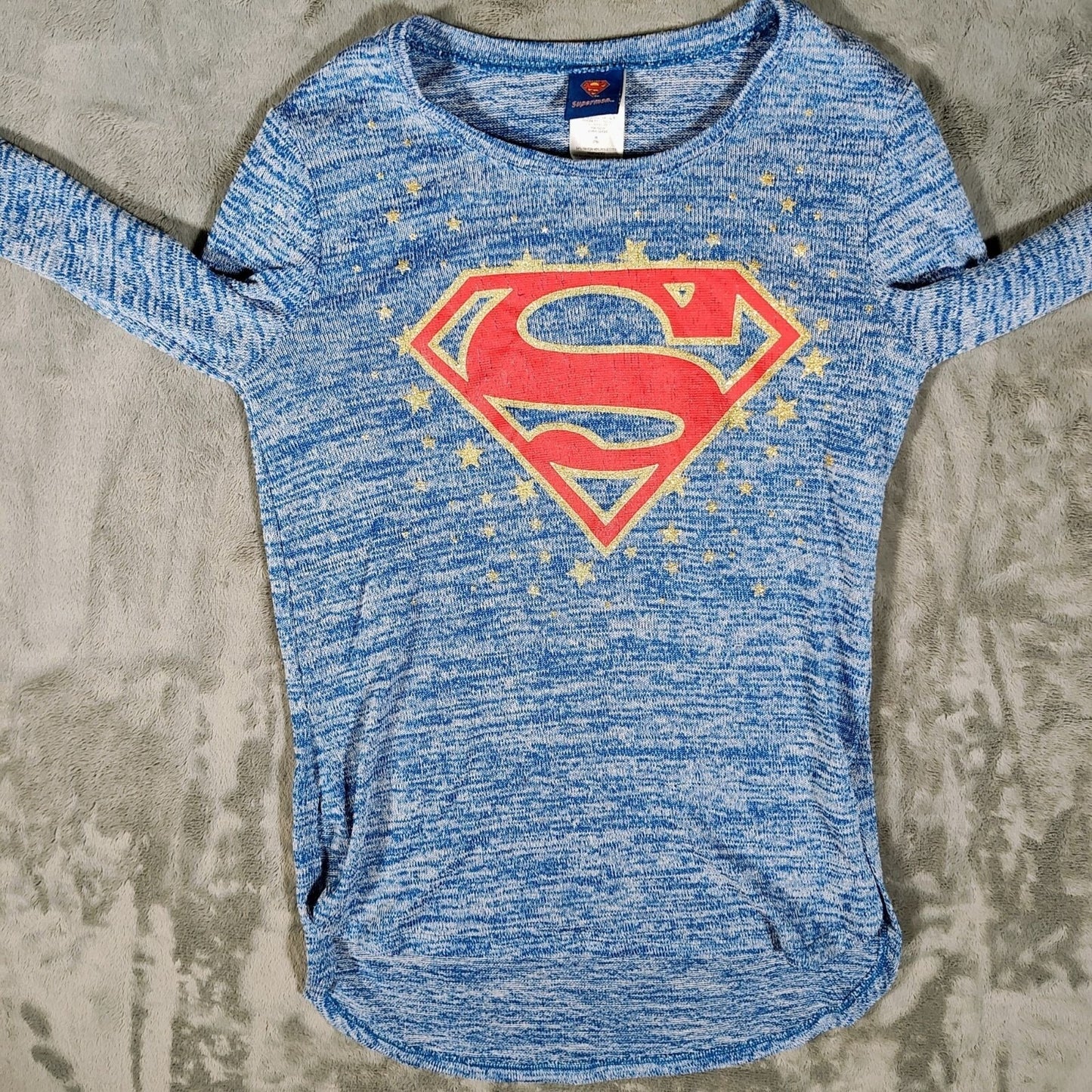 DC Comics Superman Blue Heather and Glitter Gold Long Sleeve Top -Juniors M 7/9