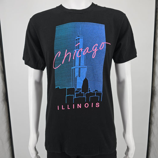 Vintage 1990s Chicago Sears Tower Neon Vaporwave Tourist/Souvenir T-Shirt (M)