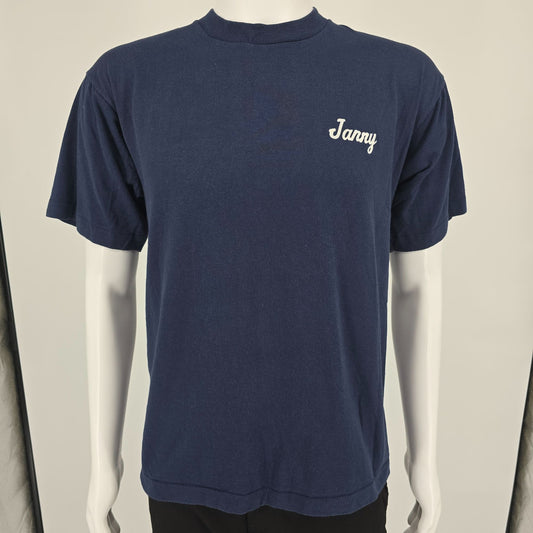 Vintage 1990s Navy Blue Mac Badminton "Janny" Shuttlecock Graphic T-Shirt (L)