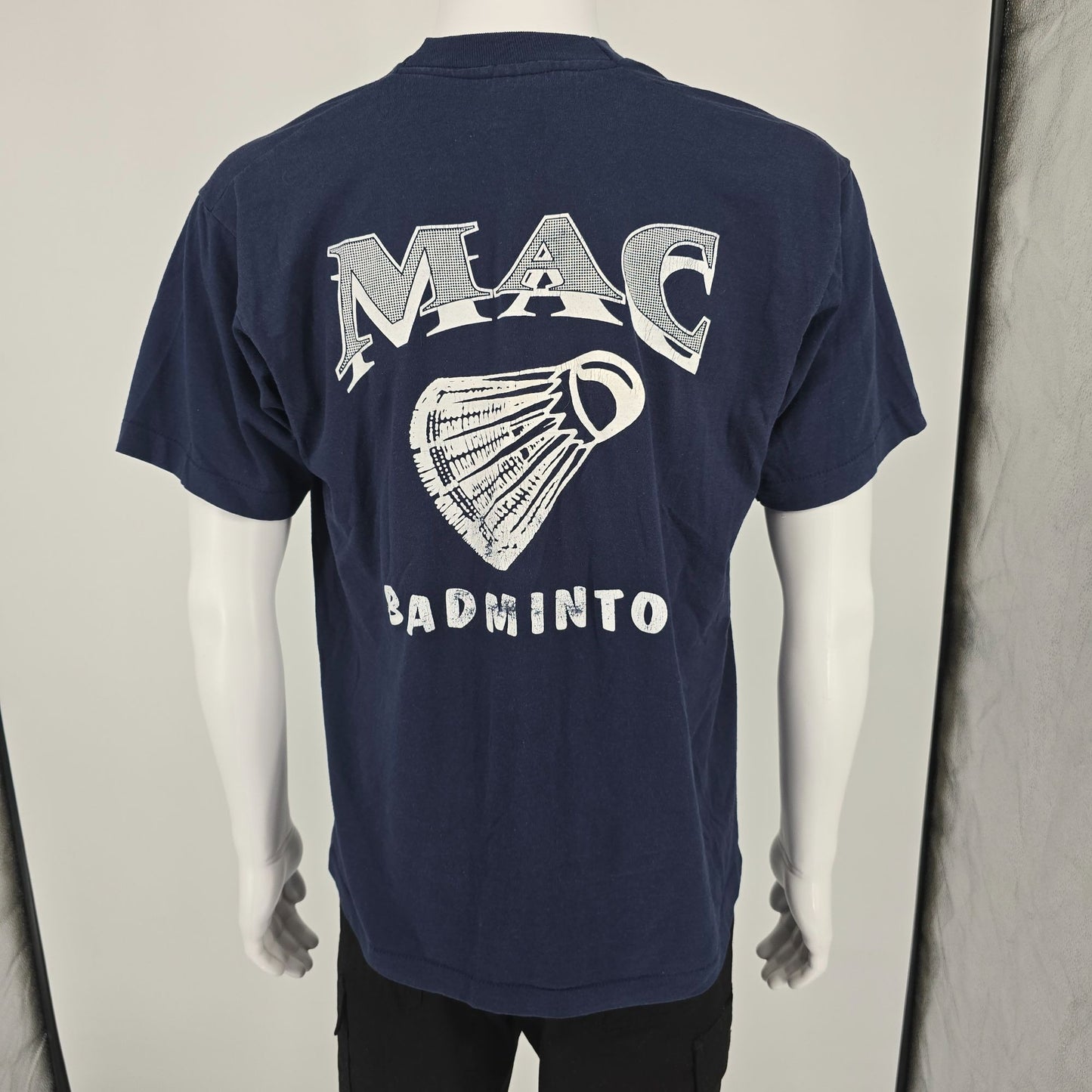 Vintage 1990s Navy Blue Mac Badminton "Janny" Shuttlecock Graphic T-Shirt (L)