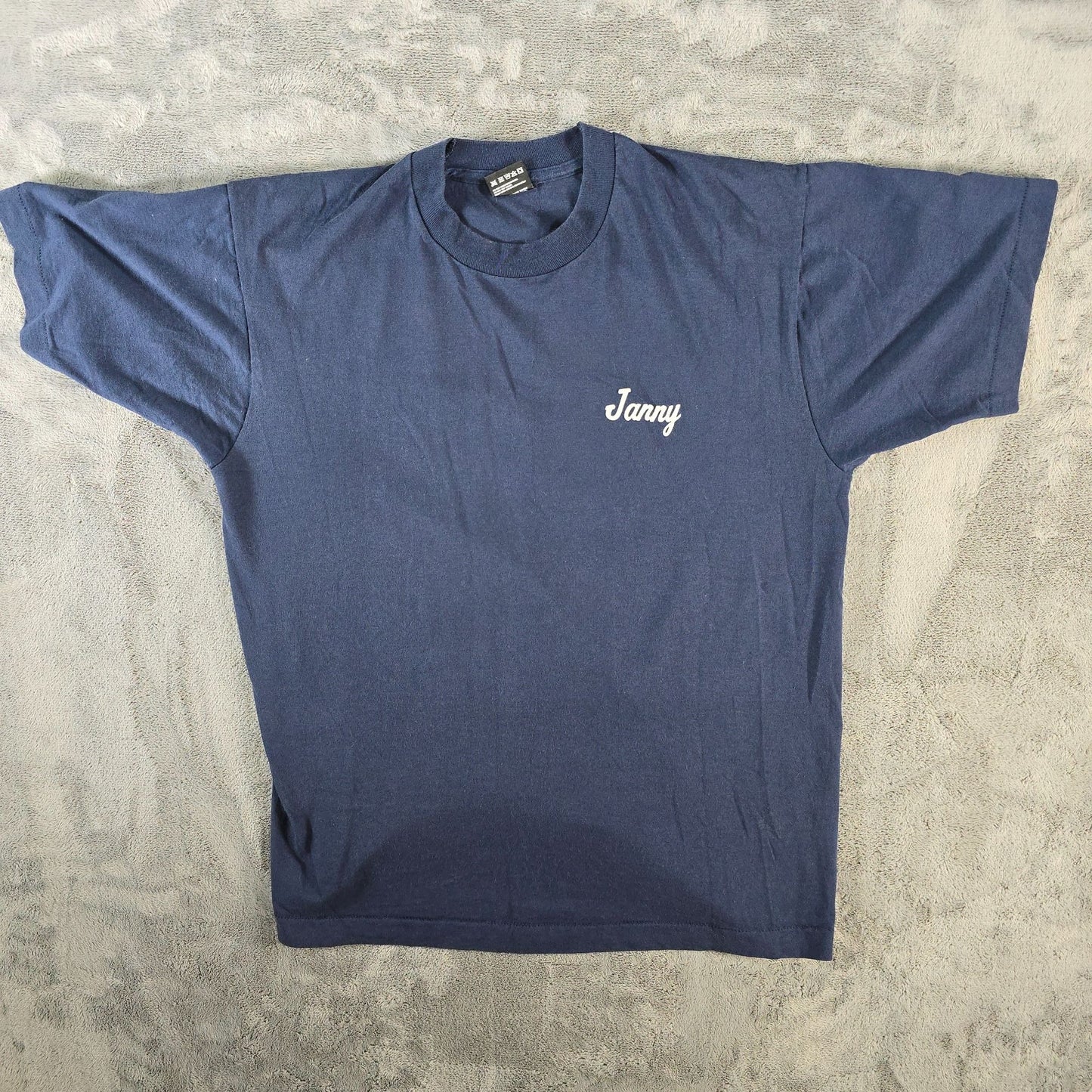 Vintage 1990s Navy Blue Mac Badminton "Janny" Shuttlecock Graphic T-Shirt (L)