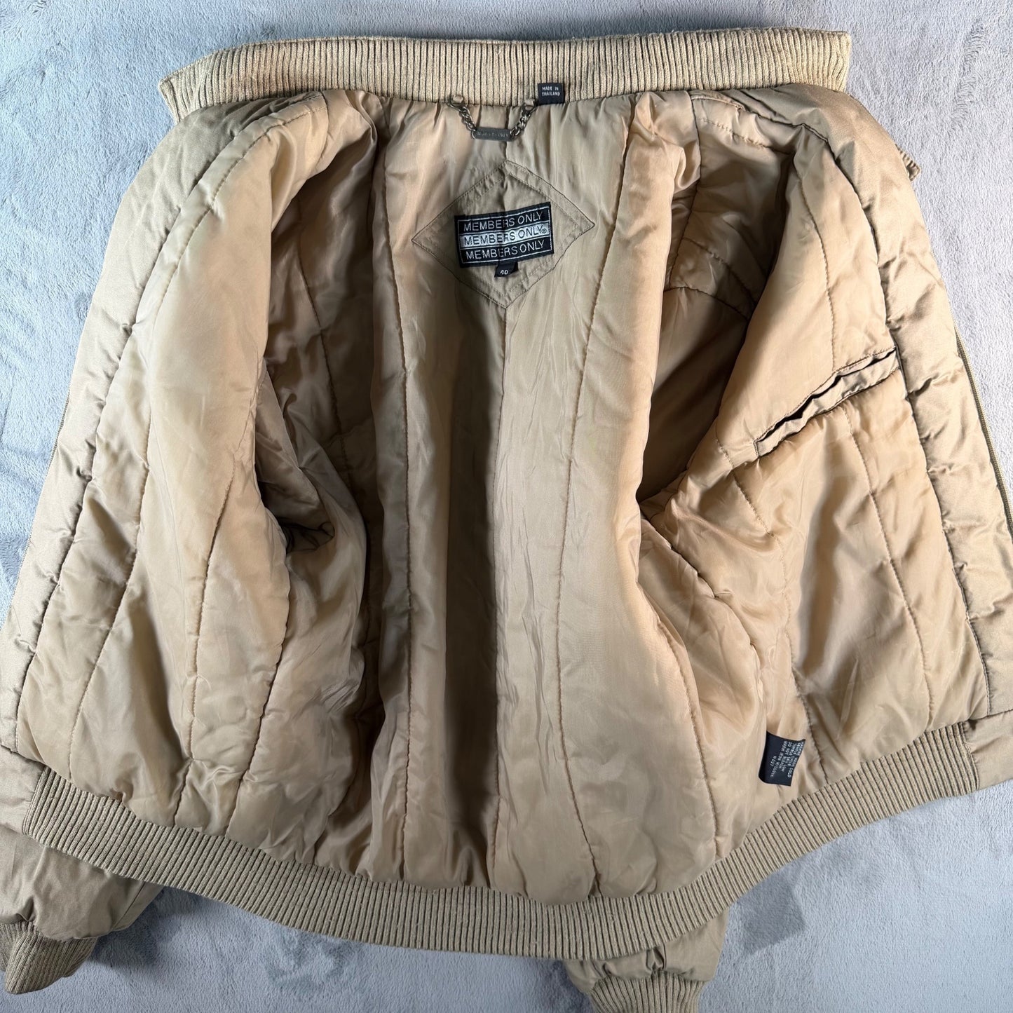 Vintage 1990s Members Only Khaki Padded Bomber Jacket (Size 40/Medium)