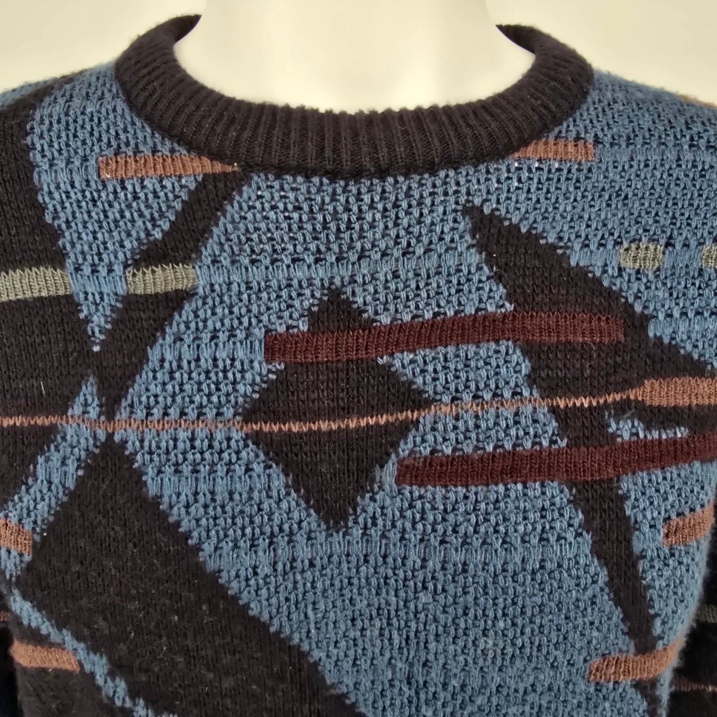 Vintage 1990s Uniform Code Blue/Black Acrylic Abstract Geometric Sweater (XL)