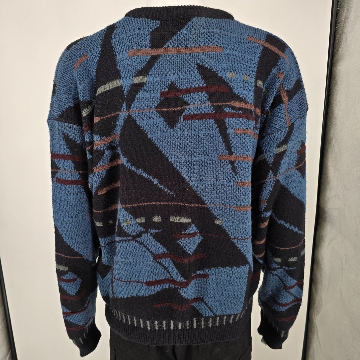 Vintage 1990s Uniform Code Blue/Black Acrylic Abstract Geometric Sweater (XL)