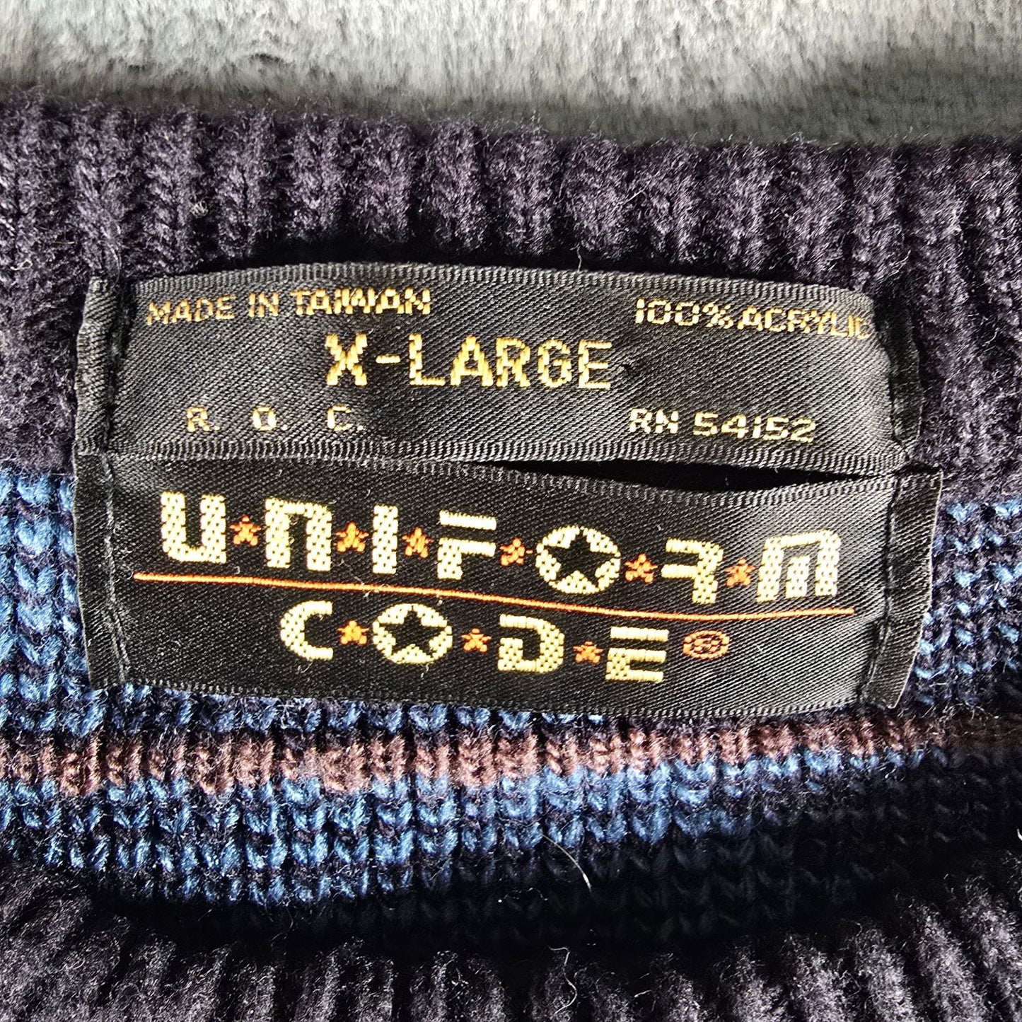 Vintage 1990s Uniform Code Blue/Black Acrylic Abstract Geometric Sweater (XL)