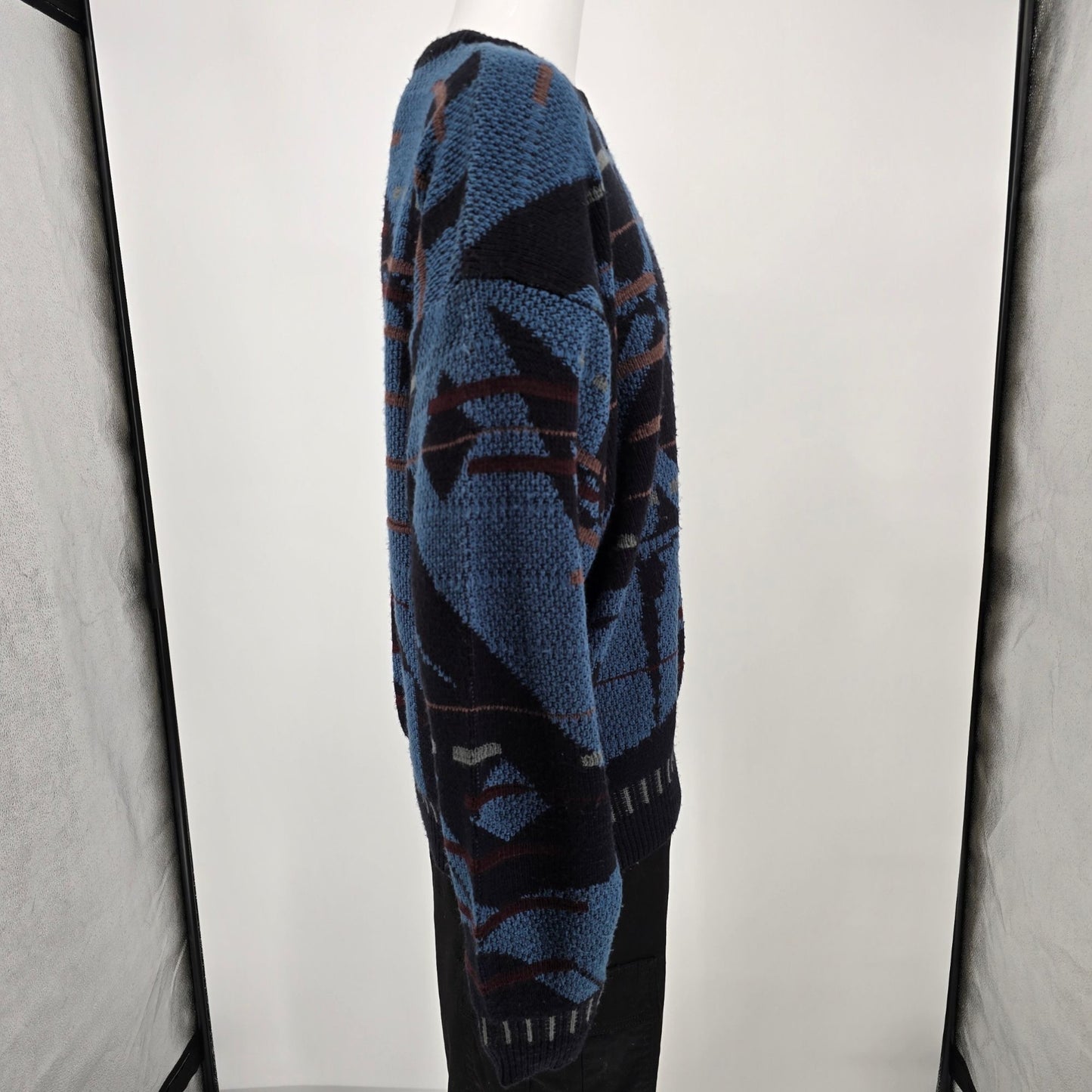 Vintage 1990s Uniform Code Blue/Black Acrylic Abstract Geometric Sweater (XL)