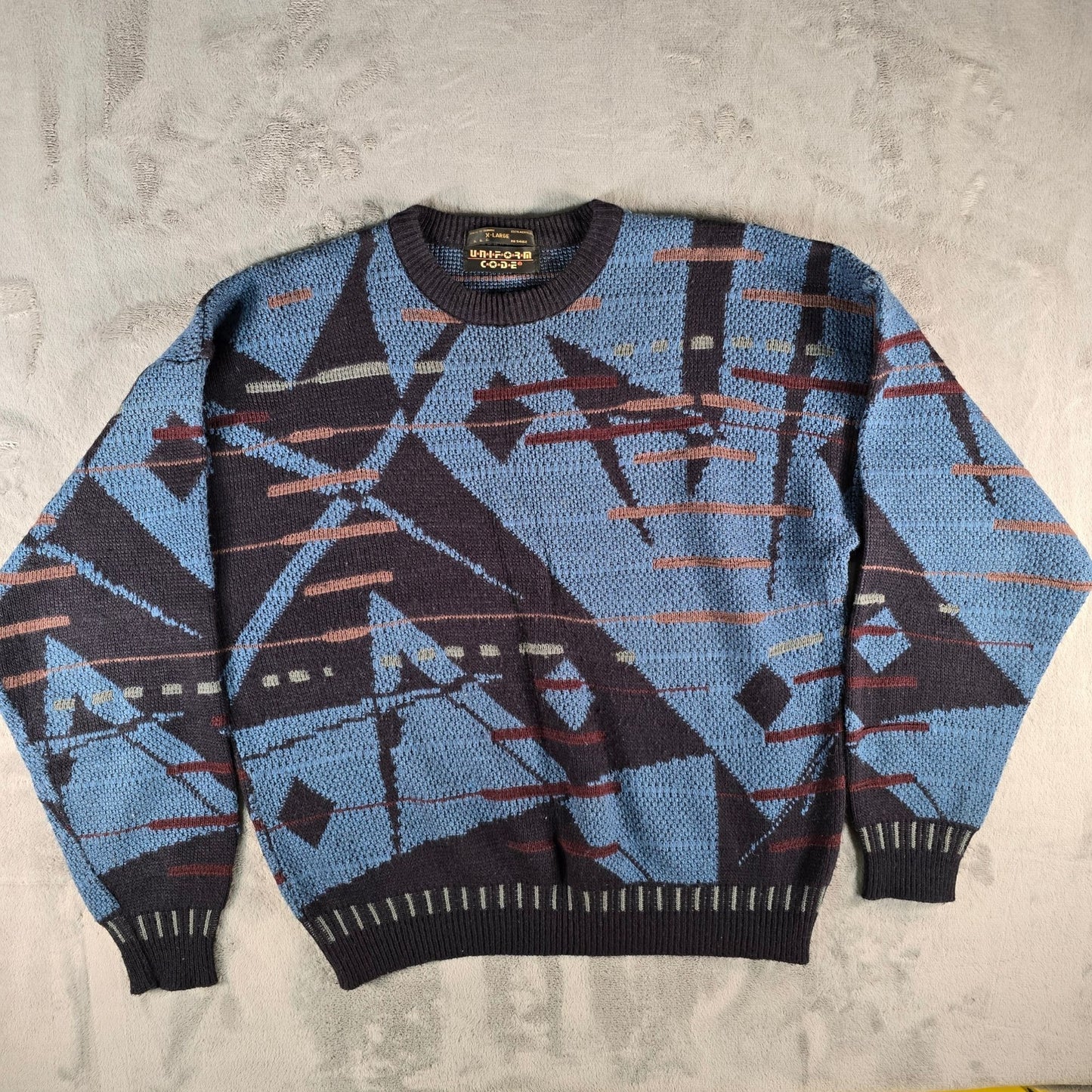 Vintage 1990s Uniform Code Blue/Black Acrylic Abstract Geometric Sweater (XL)