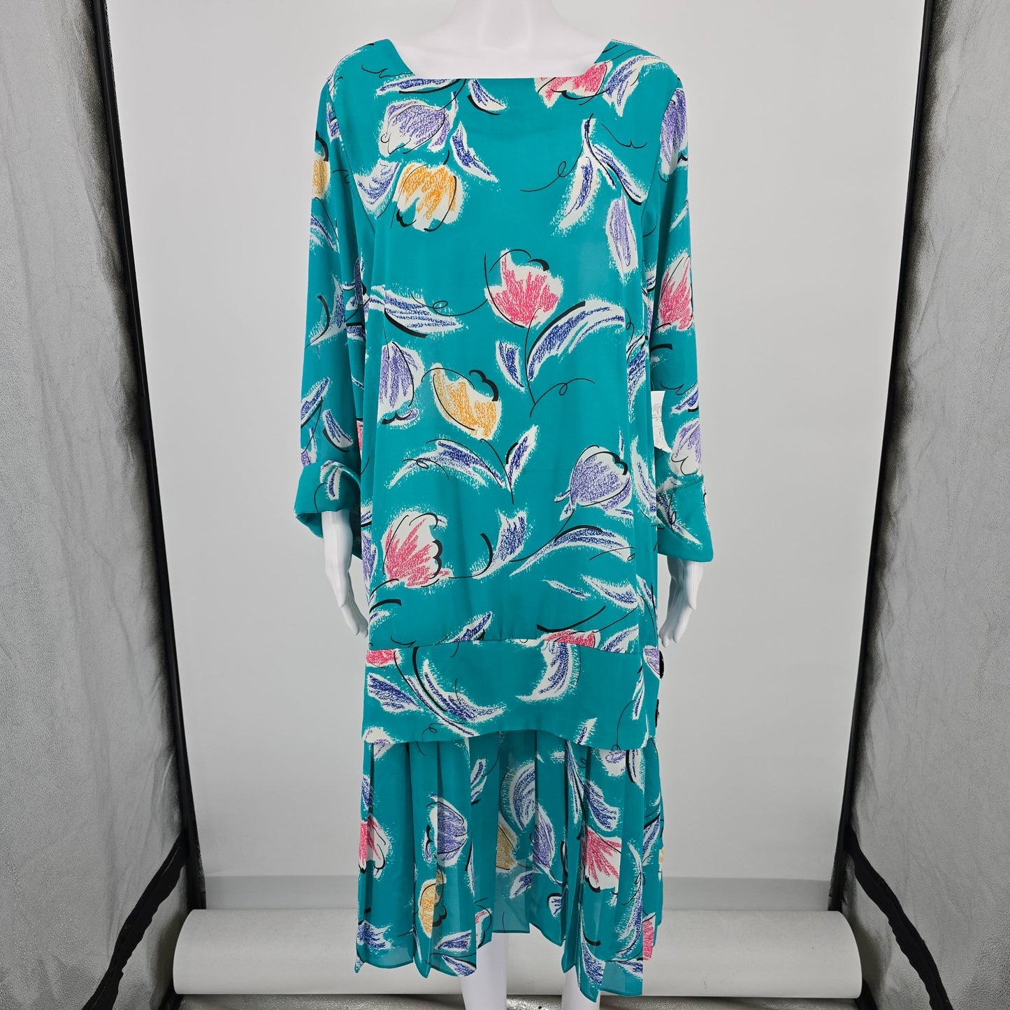 Vintage 1980s Teal Abstract Tulip Print Flapper Revival Midi Dress (18/XL)