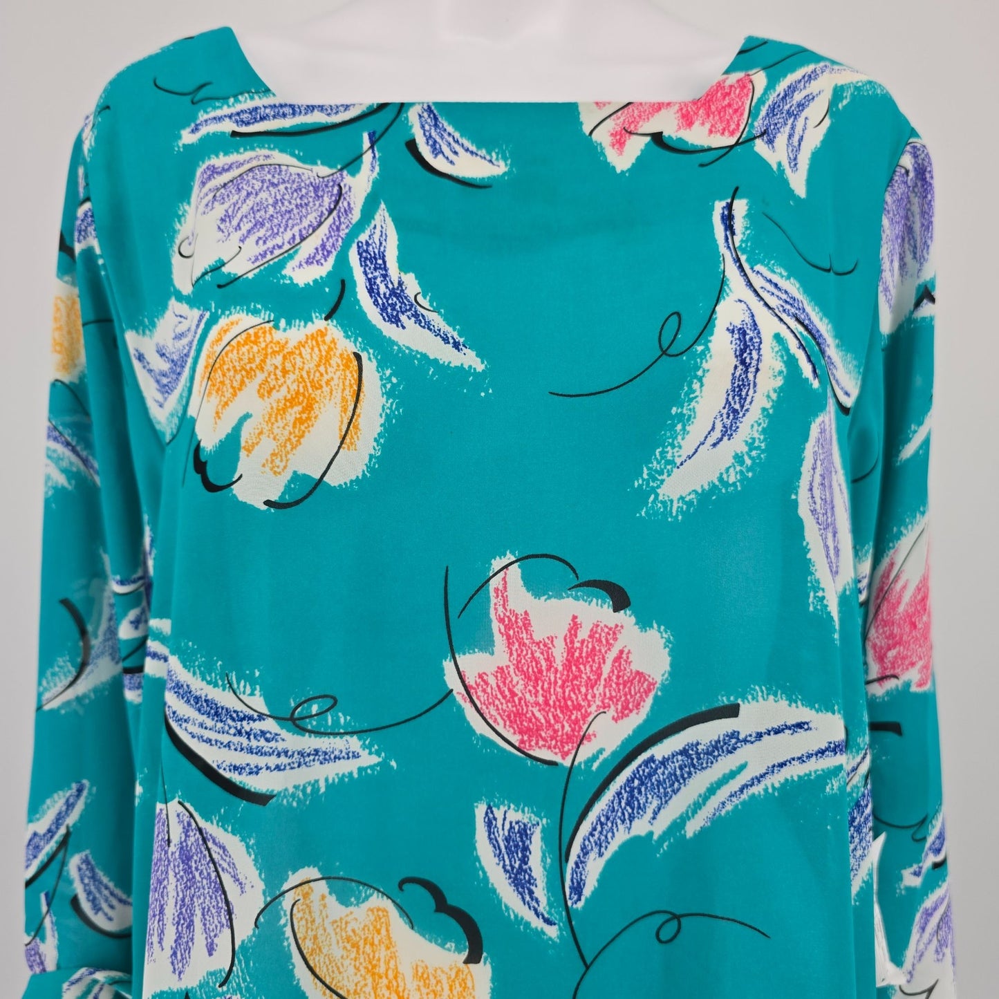 Vintage 1980s Teal Abstract Tulip Print Flapper Revival Midi Dress (18/XL)