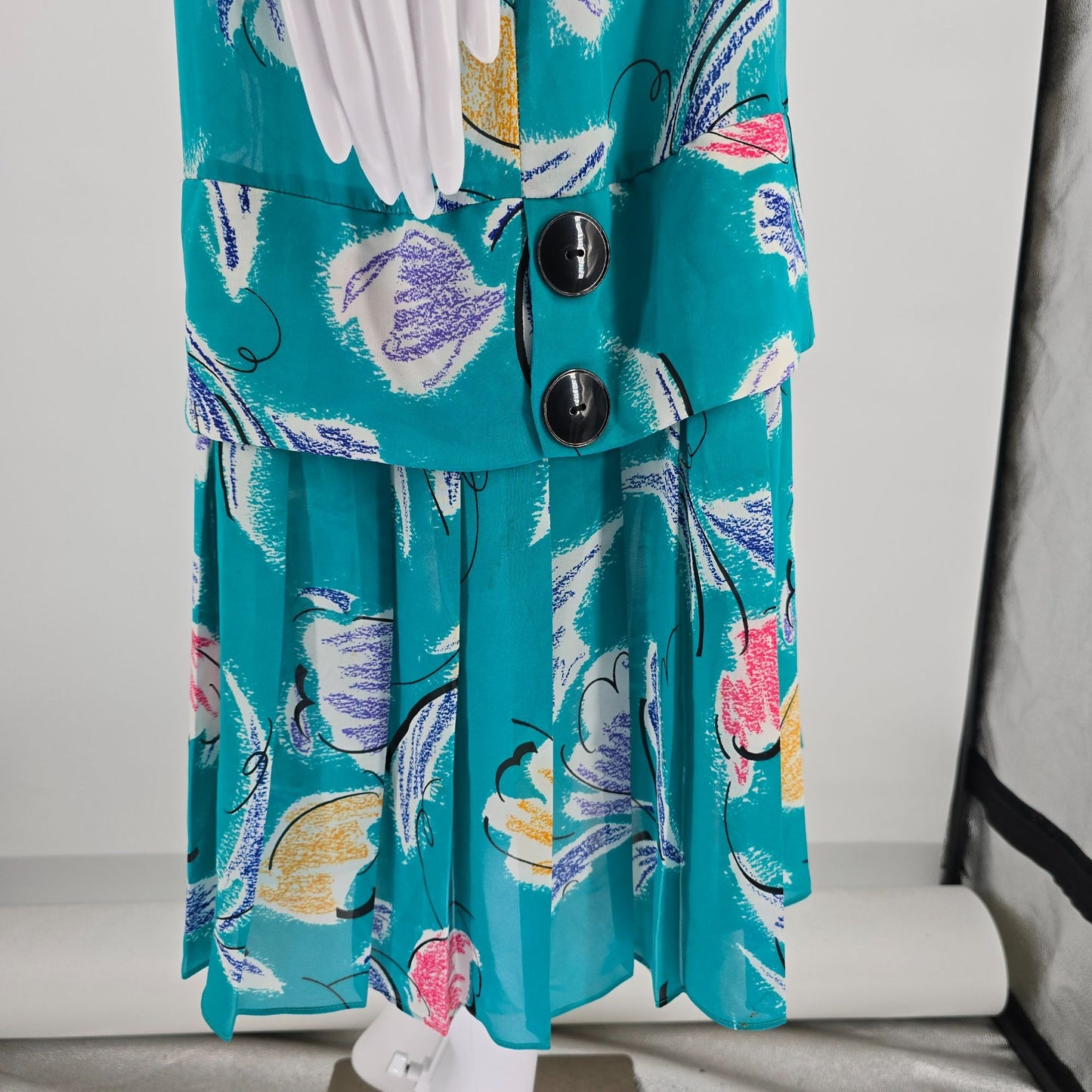 Vintage 1980s Teal Abstract Tulip Print Flapper Revival Midi Dress (18/XL)