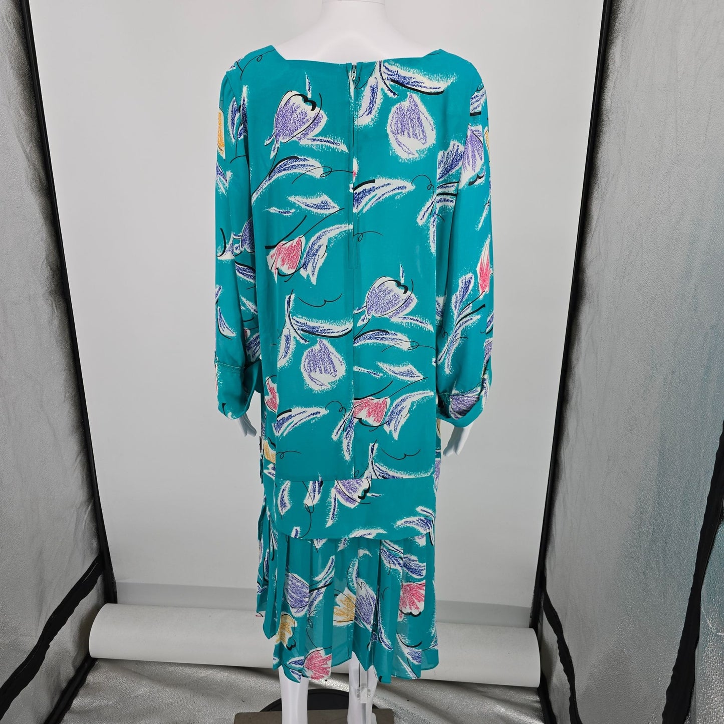 Vintage 1980s Teal Abstract Tulip Print Flapper Revival Midi Dress (18/XL)