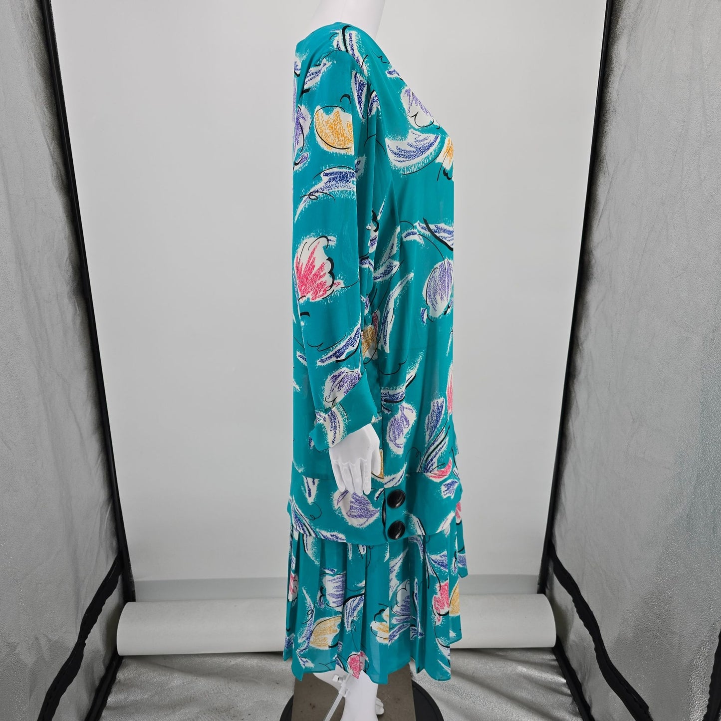 Vintage 1980s Teal Abstract Tulip Print Flapper Revival Midi Dress (18/XL)