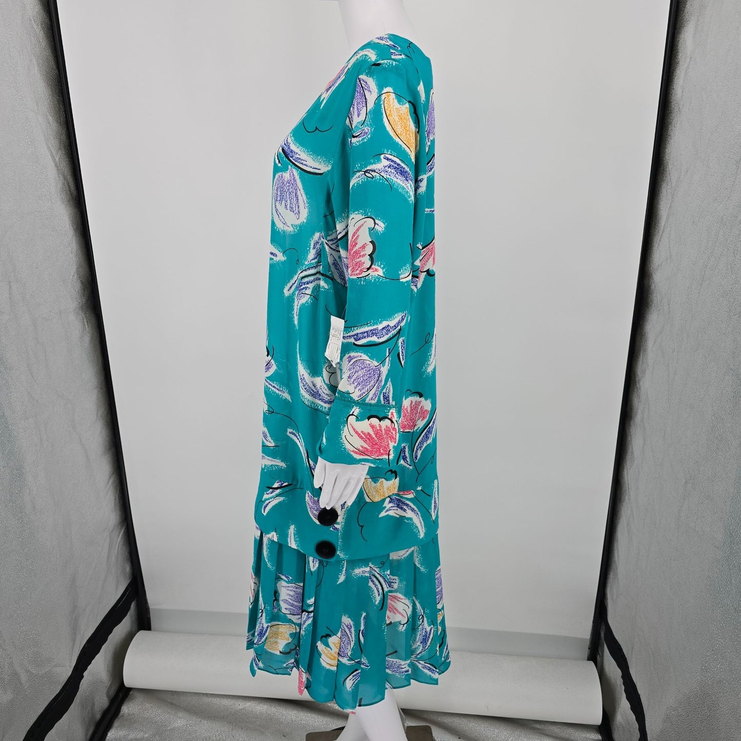 Vintage 1980s Teal Abstract Tulip Print Flapper Revival Midi Dress (18/XL)