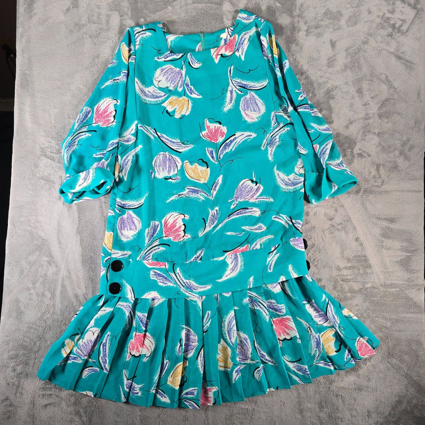 Vintage 1980s Teal Abstract Tulip Print Flapper Revival Midi Dress (18/XL)