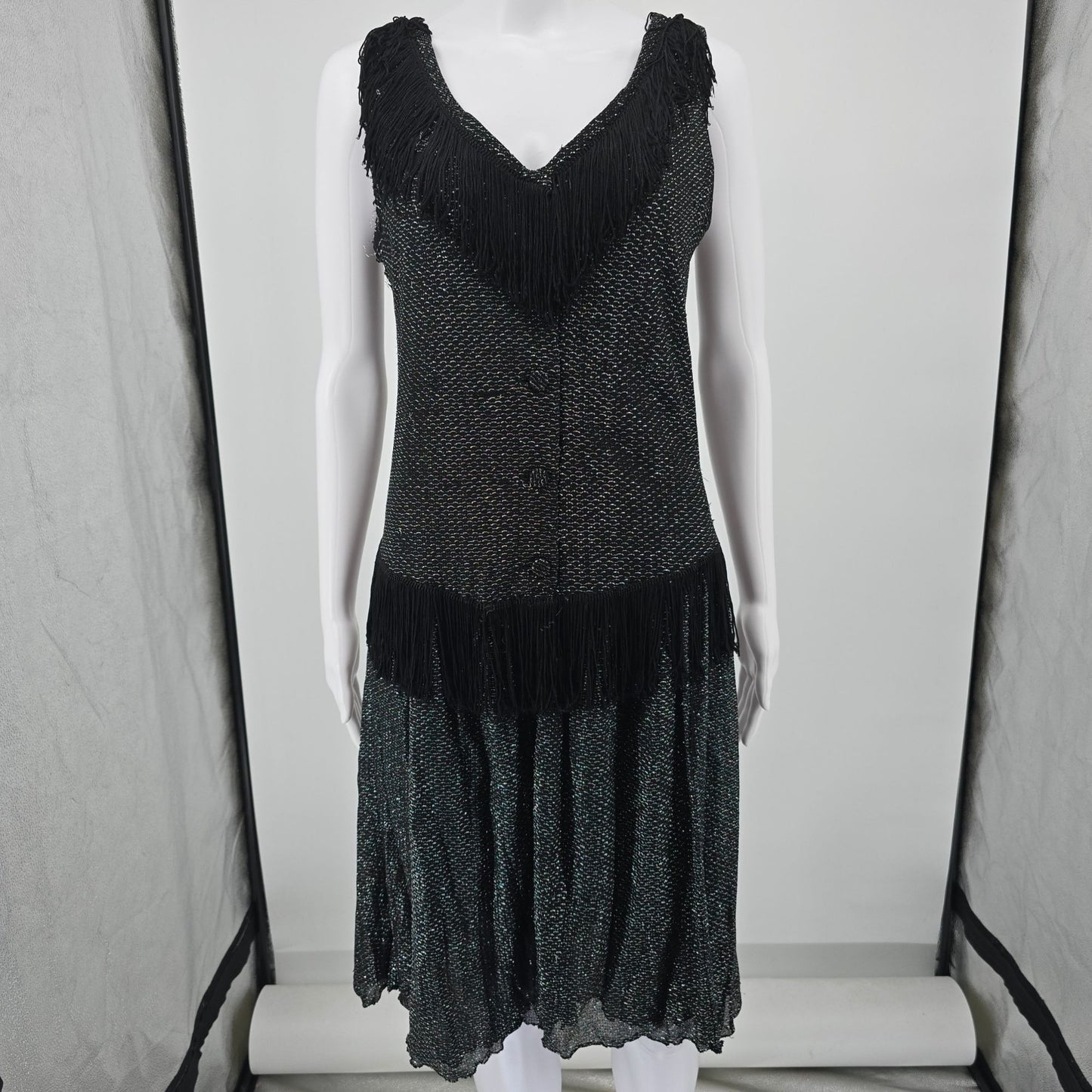 Vintage 1960s Orvieto Creations Black Metallic Knit Flapper Revival Dress (M)