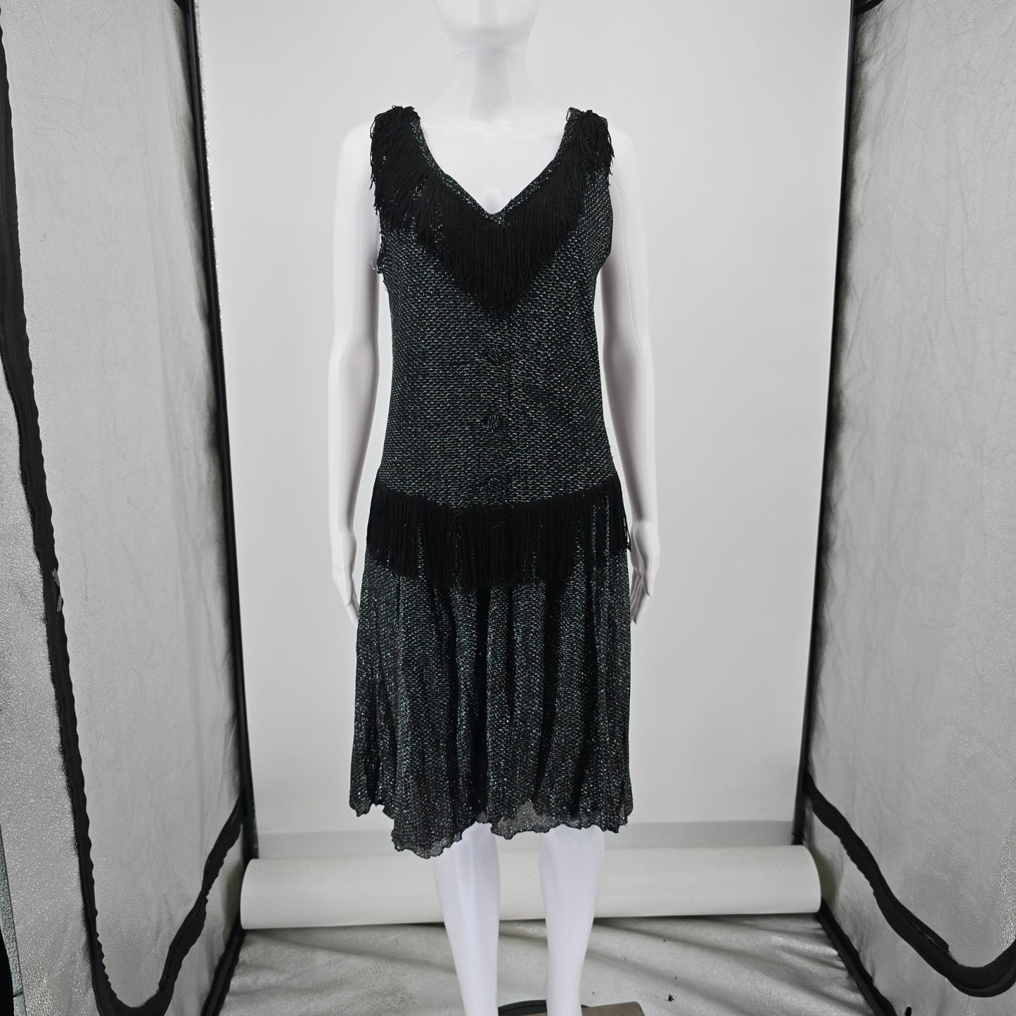 Vintage 1960s Orvieto Creations Black Metallic Knit Flapper Revival Dress (M)