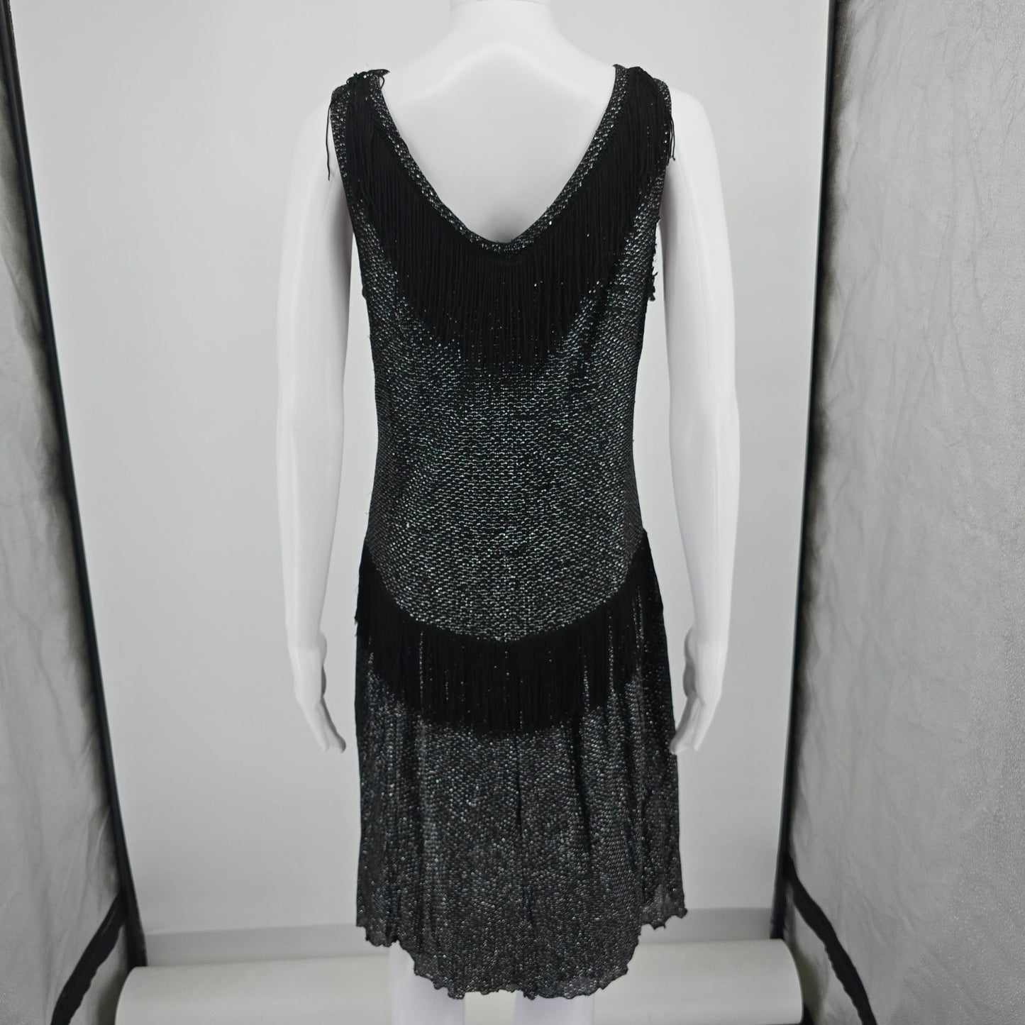 Vintage 1960s Orvieto Creations Black Metallic Knit Flapper Revival Dress (M)