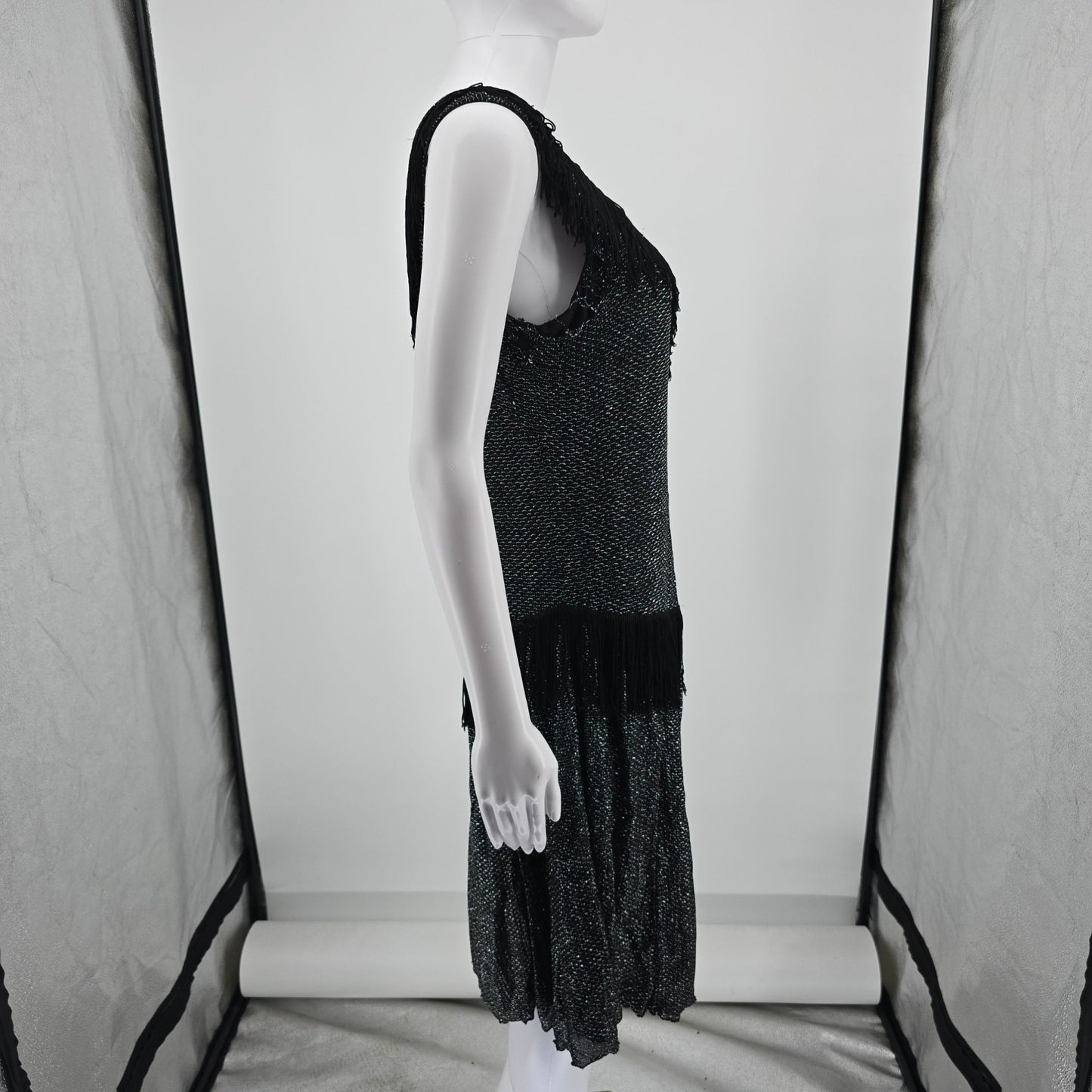 Vintage 1960s Orvieto Creations Black Metallic Knit Flapper Revival Dress (M)