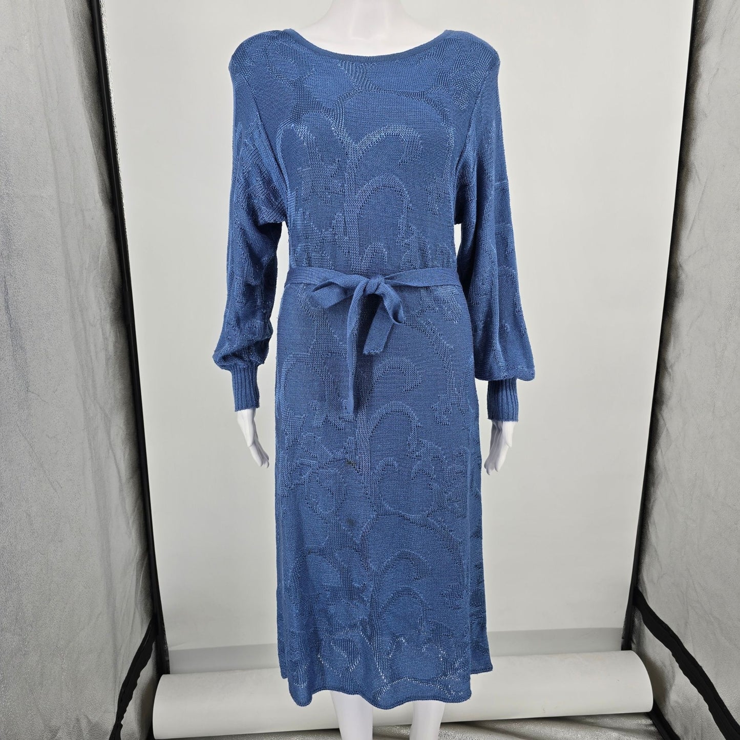 Vintage 1980s Schrader Knit Petites Blue Belted Long Sleeve Sweater Dress (M)